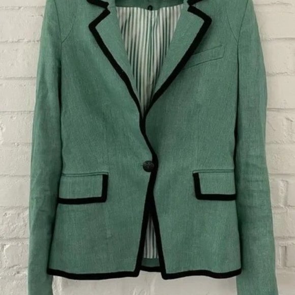 Veronica Beard Alva Linen Blend Dickey Blazer Green w/ Black